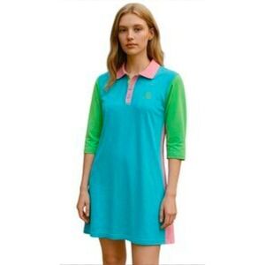 Lauren Ralph Lauren Colorblock Polo‎ Dress XS Pink Green Blue 3/4 Sleeve